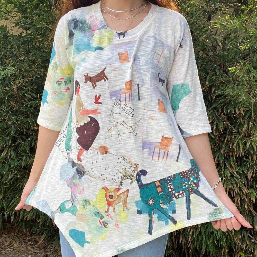 EUC Inoah Graphic Dog Park Print Asymmetrical Hem Shirt